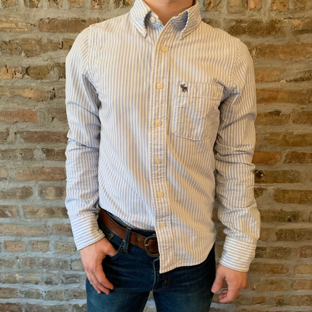 Seersucker blue and white button down shirt
